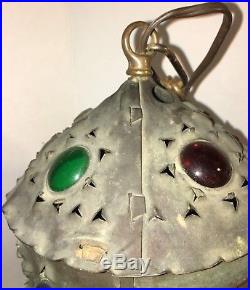 Antique Bradley & Hubbard Jeweled Lantern Candle Holder Chandelier Punched
