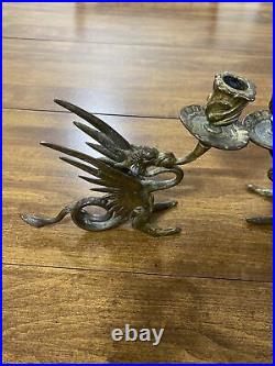 Antique Brass 1920s Dragon Candlestick Holder Pair