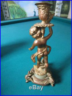 Antique Brass Angel Candle Holder Marble Base 9 1/2 Smll