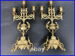 Antique Brass Baroque Candelabra 3 Arm Candle Holder Pair Made in Italy