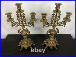 Antique Brass Baroque Candelabra 3 Arm Candle Holder Pair Made in Italy