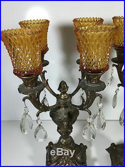 Antique Brass CANDELABRA Pair of 2 Ornate 4 Arm Sconce Glass Candlestick Holders