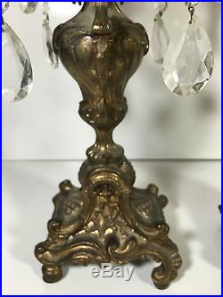 Antique Brass CANDELABRA Pair of 2 Ornate 4 Arm Sconce Glass Candlestick Holders