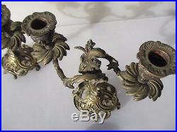 Antique Brass Candelabras Candle Holder Candlesticks Gilt Leaf Rococo Old Pair