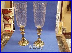 Antique Brass Candle Sticks With Acid Etched Globes