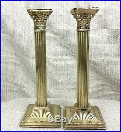 Antique Brass Candlesticks PAIR Tall Classical Corinthian Column Candle Holders