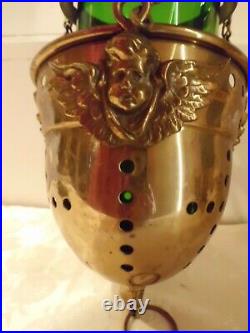 Antique Brass Church Candle Holder Hanging Sanctuary Lamp with Cherub Heads