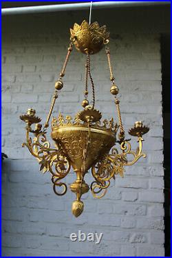 Antique Brass Church Candle holder Chandelier lamp neo gothic altar religious