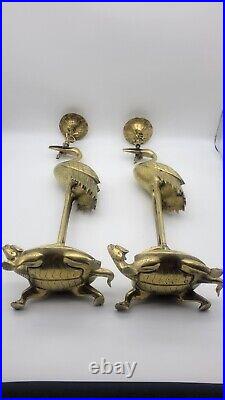 Antique Brass Crane on Turtle Candle Holder