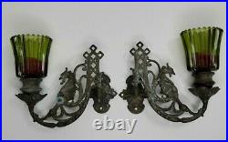 Antique Brass Dragons Piano Candle Holders Sconces Gothic with Green Glass RARE