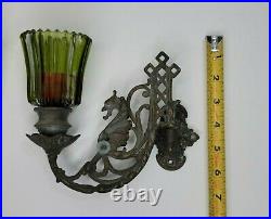 Antique Brass Dragons Piano Candle Holders Sconces Gothic with Green Glass RARE