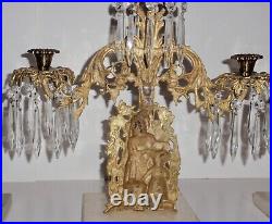 Antique Brass Figural Girandoles Mantel Candlesticks 3 piece 50 prism set