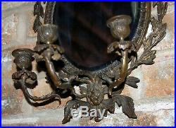 Antique Brass Frame & Lion Beveled Oval Mirror Triple Candle Holder Wall Sconce