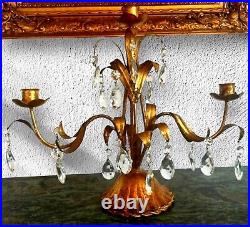 Antique Brass Gold Gilded Crystal Hollywood Regency French Country Candelabra