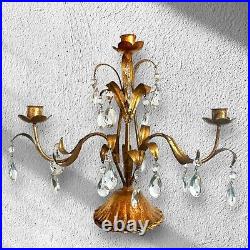 Antique Brass Gold Gilded Crystal Hollywood Regency French Country Candelabra