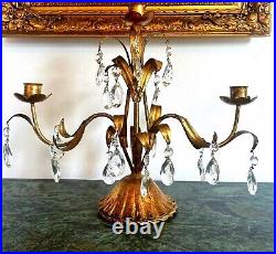 Antique Brass Gold Gilded Crystal Hollywood Regency French Country Candelabra