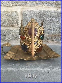 Antique Brass Jeweled Fairy Lamp Candleholder Filigree Shade