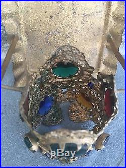 Antique Brass Jeweled Fairy Lamp Candleholder Filigree Shade