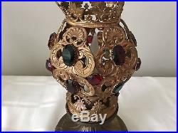 Antique Brass Jeweled Fairy Lamp Filigree Shade Santuary Lamp