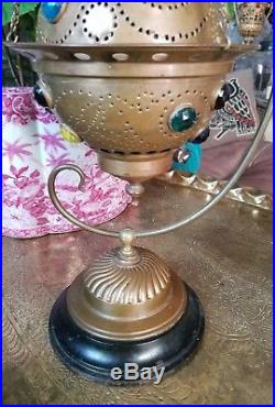 Antique Brass Jeweled Fairy Lamp & Hanger Stand Candleholder, Incense burner