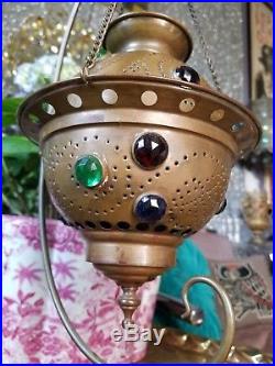 Antique Brass Jeweled Fairy Lamp & Hanger Stand Candleholder, Incense burner