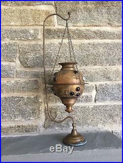 Antique Brass Jeweled Fairy Lamp & Hanger Stand Pierced Candleholder Lantern