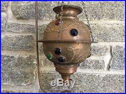 Antique Brass Jeweled Fairy Lamp & Hanger Stand Pierced Candleholder Lantern