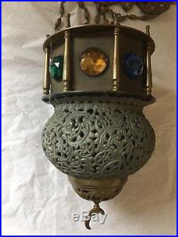 Antique Brass Jeweled Turkish Lamp Pierced Candle Holder Lantern Chandelier