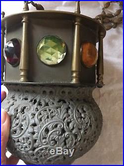 Antique Brass Jeweled Turkish Lamp Pierced Candle Holder Lantern Chandelier