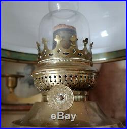 Antique Brass Kosmos Brenner Hanging Pull Down Library Oil Lamp, Candle Holders