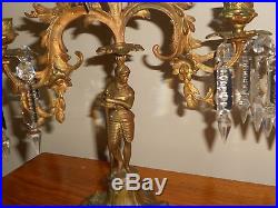 Antique Brass Metalware Candelabra Holders Pair Knight & Sword PRISMS 15 TALL