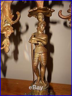 Antique Brass Metalware Candelabra Holders Pair Knight & Sword PRISMS 15 TALL