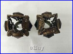 Antique Brass Ormolu Jeweled Fairy Lamp Filigree Shade Pair Candle Top