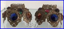 Antique Brass Ormolu Jeweled Fairy Lamp Filigree Shade Pair Candleholder