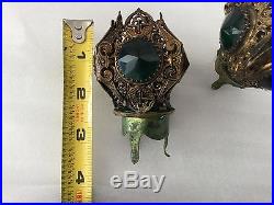 Antique Brass Ormolu Jeweled Fairy Lamp Filigree Shade Pair Candleholder
