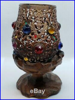 Antique Brass Ormolu Jeweled Fairy Lamp Filigree Shade Victorian candle holder