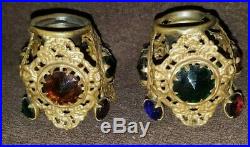 Antique Brass Ormolu Jeweled Filigree Candle Holders
