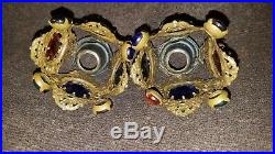 Antique Brass Ormolu Jeweled Filigree Candle Holders