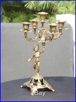Antique Brass Ornate 5 Arm Cherub Child Angel Candle Holder Candelabra EXC