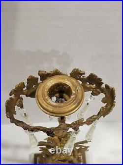 Antique Brass Tabletop Candle Holder Candelabra Marble Base Crystal Droplets