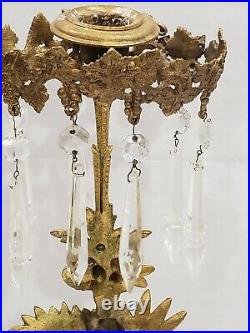 Antique Brass Tabletop Candle Holder Candelabra Marble Base Crystal Droplets