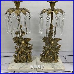 Antique Brass Tabletop Candle Holders With Glass Prisom