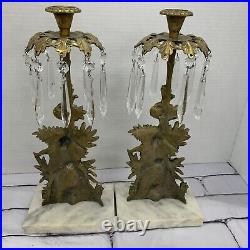 Antique Brass Tabletop Candle Holders With Glass Prisom