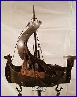 Antique Brass Viking Ship Fireplace Tools Ashtray Candle Holder
