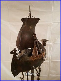 Antique Brass Viking Ship Fireplace Tools Ashtray Candle Holder
