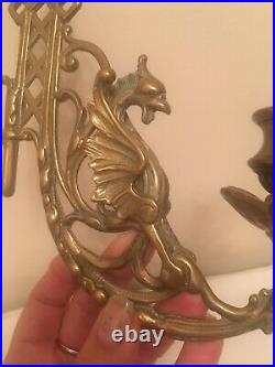 Antique Brass dragon gryphon pair of Gothic Wall sconce / piano candle holders