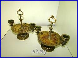 Antique Bronze Brass Engraved Table Double Candle Stick Holder Pair Set