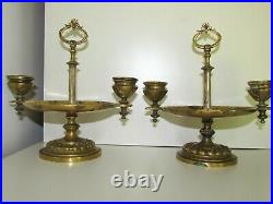 Antique Bronze Brass Engraved Table Double Candle Stick Holder Pair Set