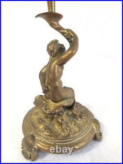 Antique Bronze Brass Ornate Merman Mermaid Maritime Candle Holder Rare