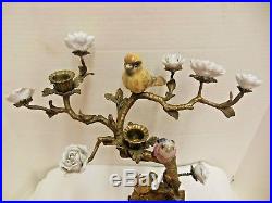 Antique Bronze Brass Porcelain Flowers Birds 2 light Candlestick Candelabra